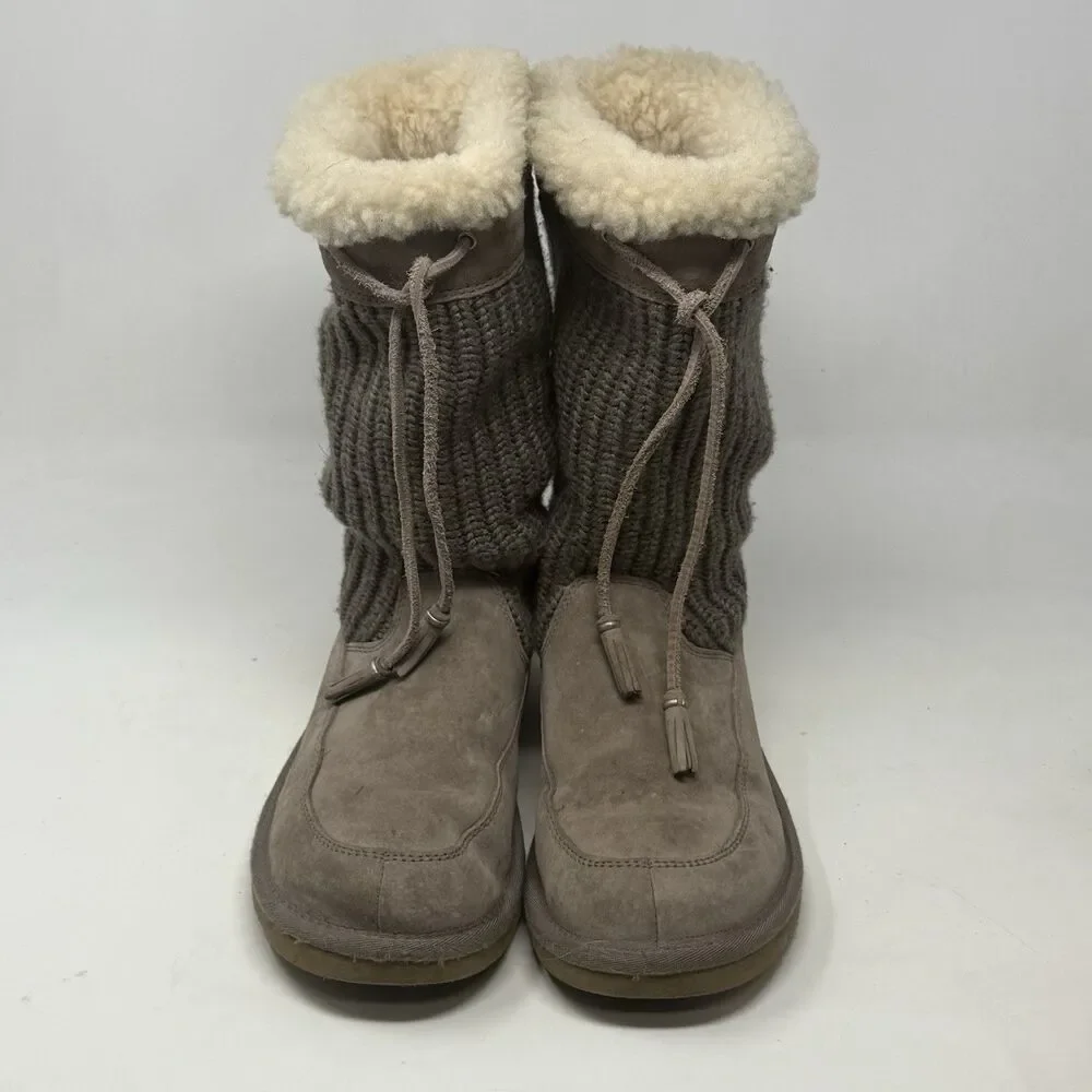 UGG Suburb Shearling Knitted Boots Womens 8 Sand Brown Suede Leather Mid Calf